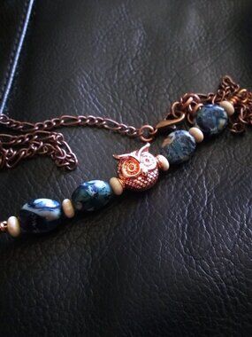 Handmade! Beaded Owl Bar Choker Necklace - Blue Sea Sediment Jasper + Copper